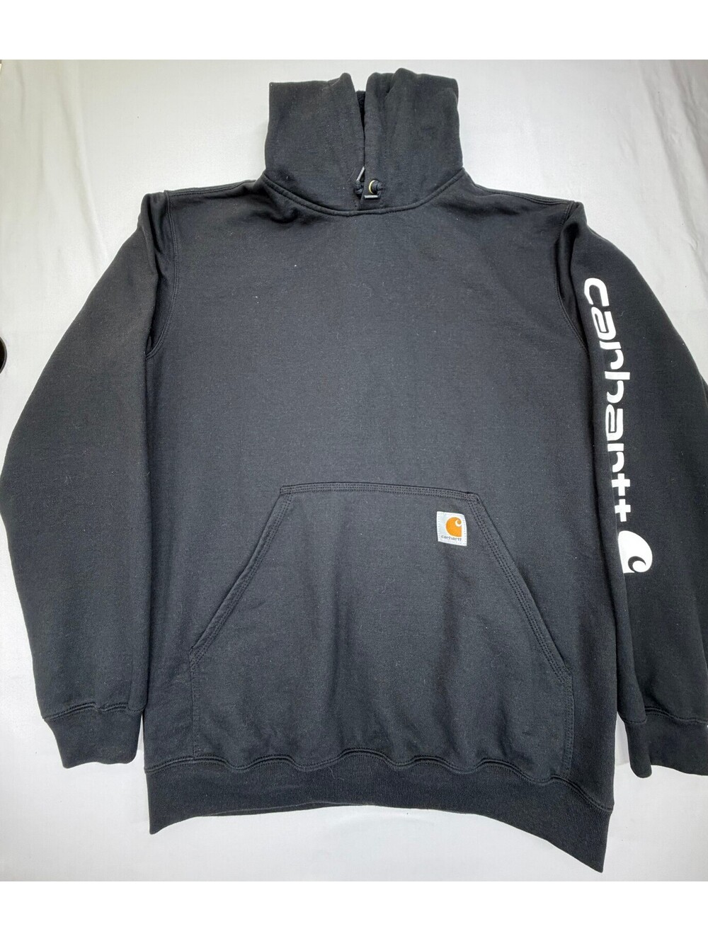 Carthartt Men's Hoodie Fleece Pullover Logo Sleeve Pockets Size Medium Black